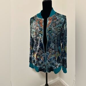 Women’s One World Blue Velour Zip-Up Bomber Jacket